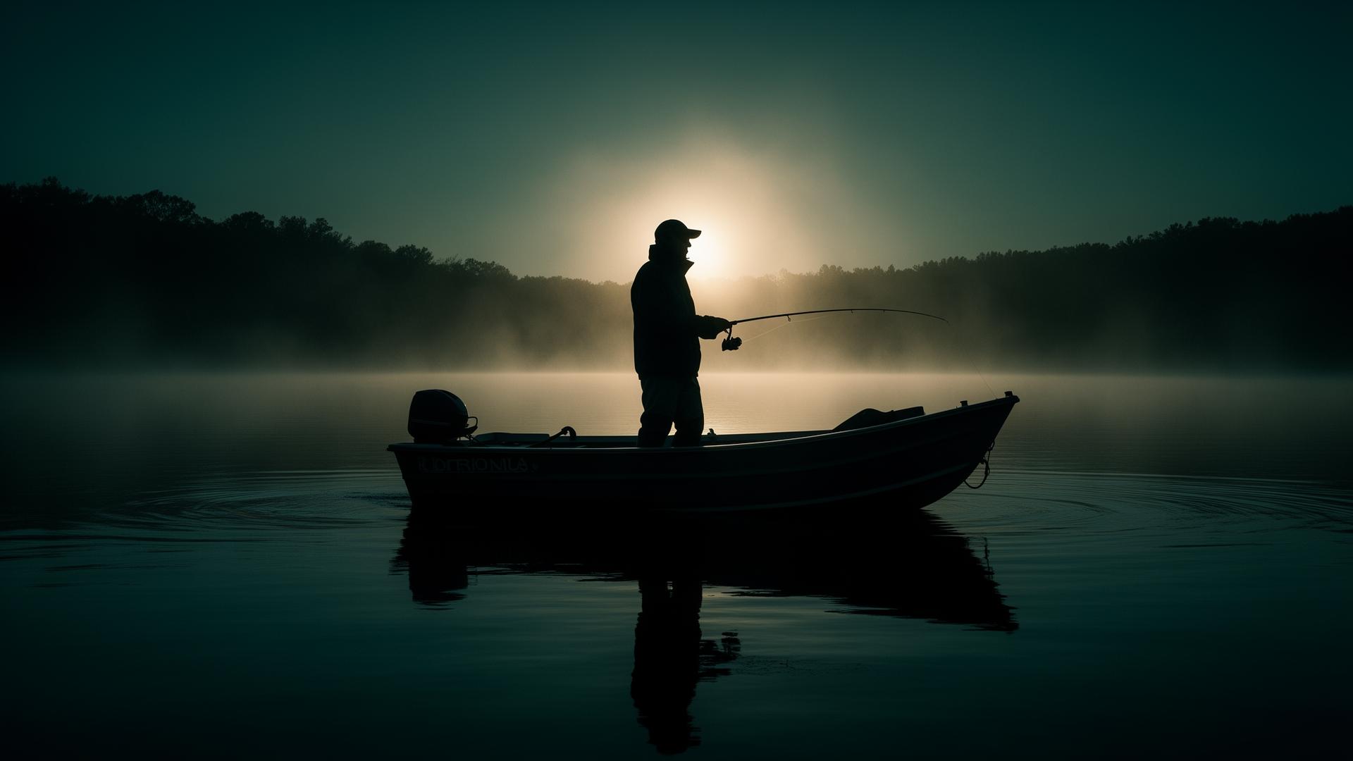 Angler casting from a boat at dawn